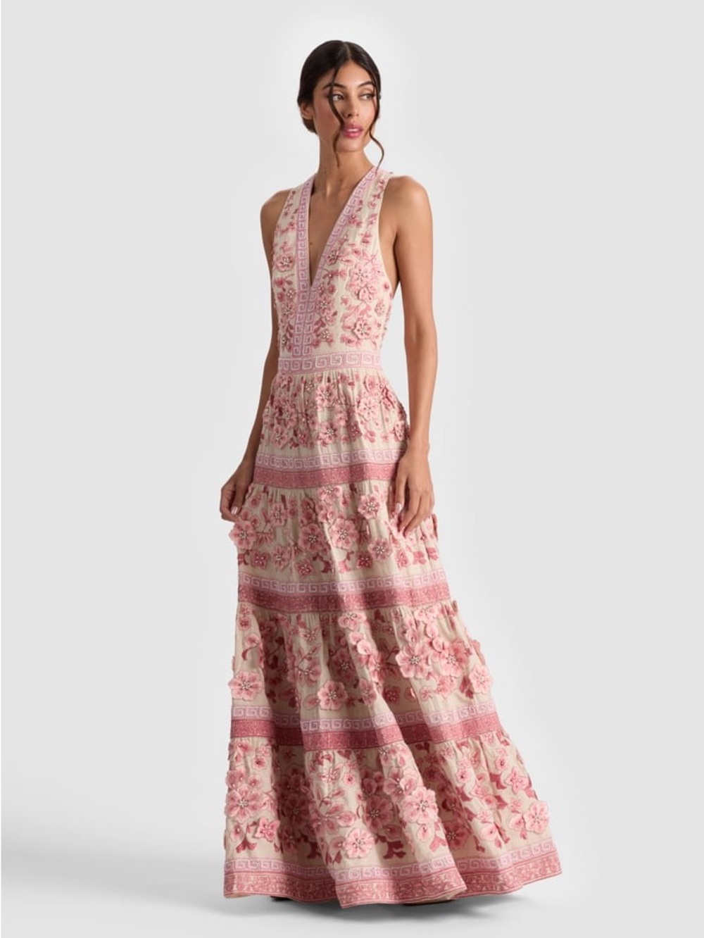 Alice + Olivia Pink Floral Embroidered V-Neck Maxi Dress